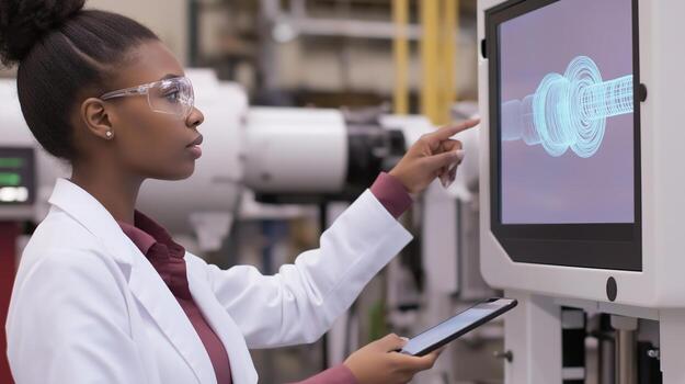 African American woman in a lab coat interacts with a digital display, analyzing engineering data, showcasing advanced technology and innovation in a modern industrial environment photo