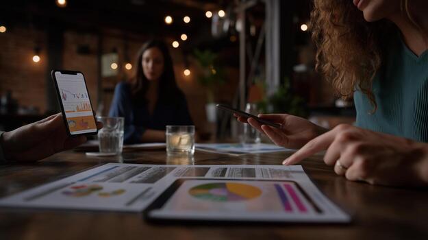 Group of professionals engaged in a collaborative meeting, analyzing reports and data on digital devices, showcasing teamwork and productivity in a modern workspace photo