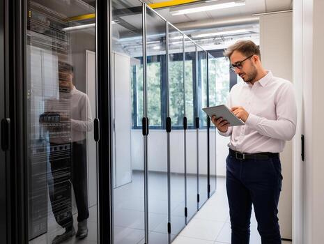 Man in a high tech server room using a tablet, surrounded by sleek server racks and modern technology photo