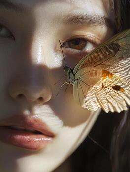 Closeup of a womans face with a delicate butterfly resting on her cheek photo