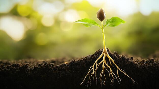 A small plant with developing leaves and a prominent root system grows from fertile soil under soft, natural light photo