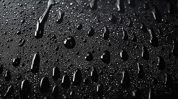 Closeup of water drops and streaks on a textured black surface, highlighting the liquids movement photo