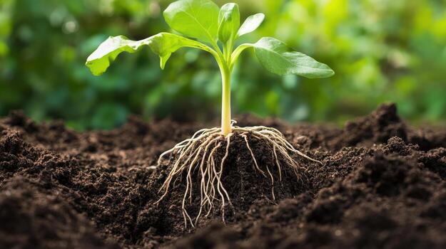 A young plant with a healthy root system emerges from rich soil, symbolizing growth and new beginnings in nature photo