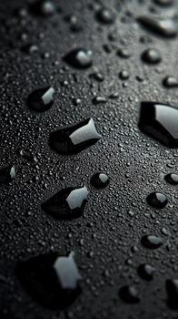 Detailed macro photography of water beads resting on a rough, dark material, highlighting their spherical shapes photo