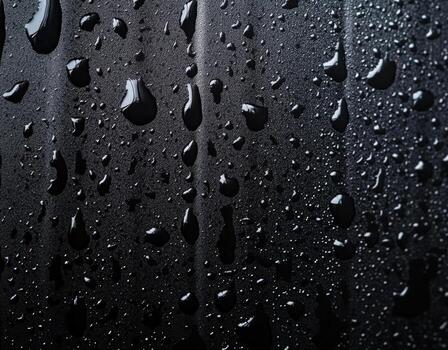 Detailed macro view of numerous water drops scattered across a dark, textured surface, showcasing their spherical shapes and reflective qualities photo