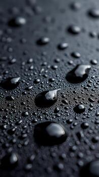 Detailed macro photograph capturing small and large water droplets on a dark, gritty surface with soft lighting photo