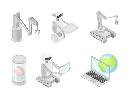 robótico tecnología con electrónico equipo y artificial inteligencia me gusta robot, ordenador portátil y brazo isométrica conjunto vector