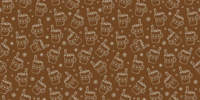 A cup of coffee, marshmallow, hot drink with cinnamon stick. Seamless pattern. Mug, cocoa, tea. A cozy set of linear icons. Drawings, doodles. Repeating background. vector