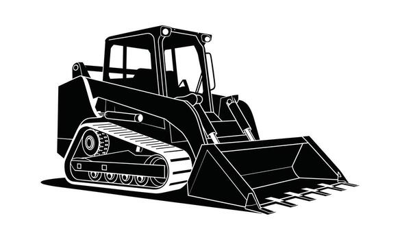 Black and white illustration of a tracked skid steer loader with a front bucket on a white background vector