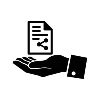 Black icon of a hand holding a document with a share symbol paper vector