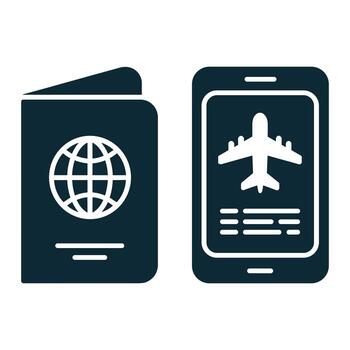 Dark blue icons of a passport with globe and smartphone displaying airplane and text travel vector