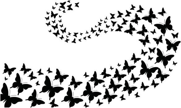 Swirling flock of black butterfly silhouettes against a white background creating a dynamic wave pattern vector