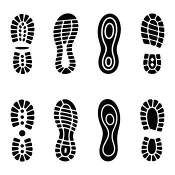 Collection of eight black shoe sole prints with distinct tread patterns on a white background shoe print vector