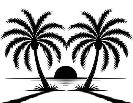 Black silhouette of two palm trees on a beach with a setting sun over the ocean black and white vector