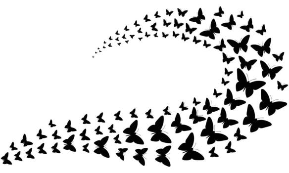 Black butterfly silhouettes swirling in a dynamic wave pattern on a white background vector
