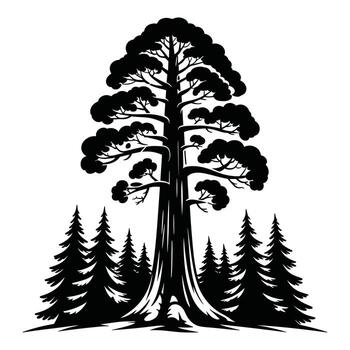 Black silhouette of a large ancient sequoia tree surrounded by smaller pine trees on a white background vector