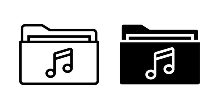 Folder icon set. Two simple line art illustrations of a folder icon with a music note symbol, available in black and white. Perfect for website design, application interface. vector