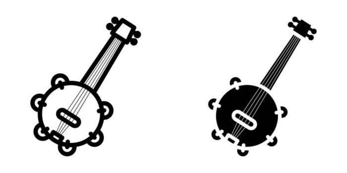 Banjo icon Set. Two versions of a minimalist banjo icon in black and white. One is an outline style and the other is solid black. A simple and clean graphic perfect for various design projects. vector