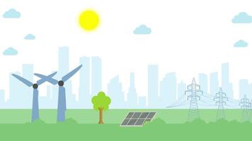 vento e solar poder plantar animação, renovável energia 2d movimento gráfico, limpar \ limpo energia infográfico, sustentável tecnologia animação, ecológico inteligente poder rede ciclo video