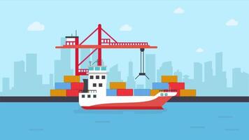 recipiente navio fornecem cadeia animação carga navio, global troca, marítimo logística, frete envio, importar exportar, plano 2d movimento gráfico video