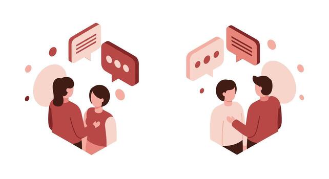 Isometric conversation abstract people engaging with speech bubbles vector
