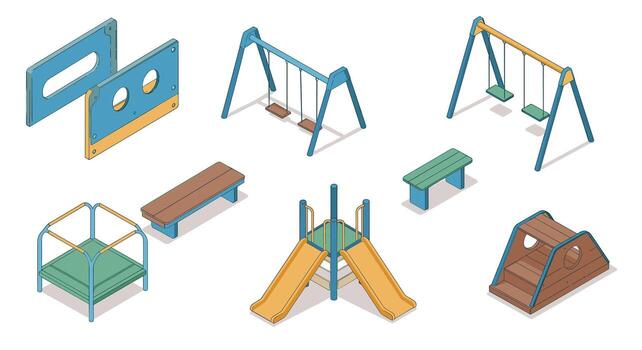 Isometric playground equipment collection swings, slides, climbing structures, and benches vector