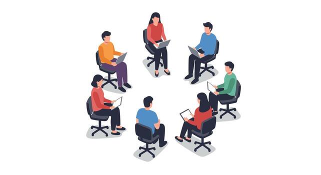 Team collaboration in isometric style group meeting with laptops in a circle vector