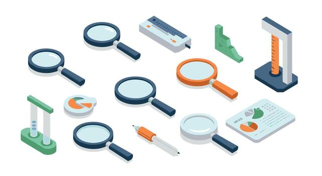 Isometric magnifying glasses and analysis tools in various designs vector