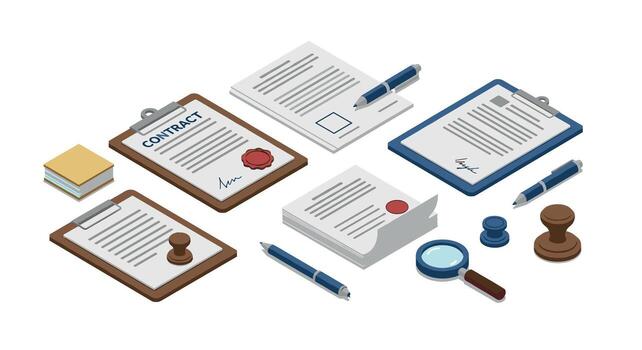 Isometric office contract setup with documents and seals vector