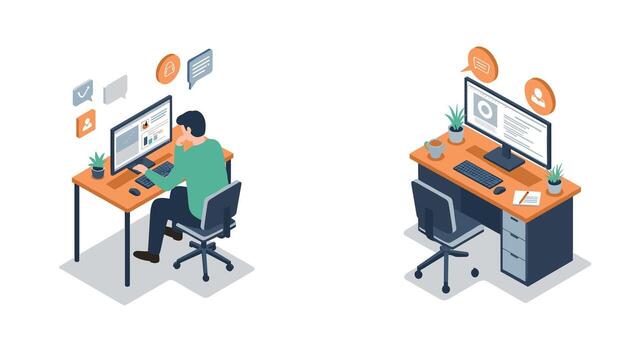 isométrica oficina escritorio preparar con moderno espacio de trabajo y tecnología vector