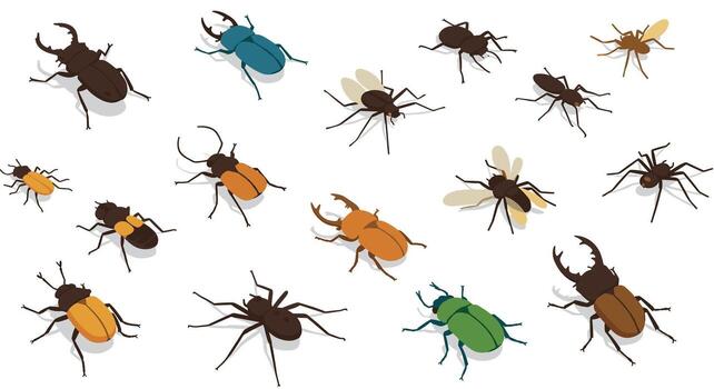 diverso colección de insectos en isométrica estilo presentando escarabajos y loco vector