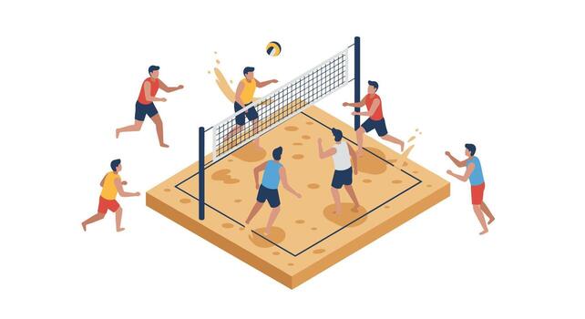 Isometric beach volleyball game with players and net in action vector