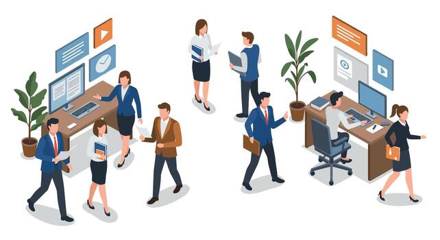 Isometric office scene with diverse business team collaborating and networking vector
