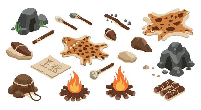 Primitive survival tools and elements in isometric design vector