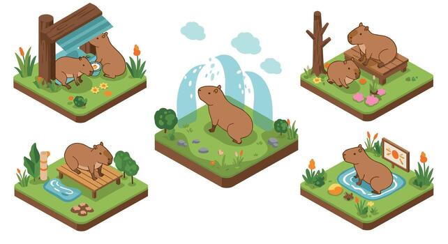 Charming capybara scenes in isometric design with nature elements vector