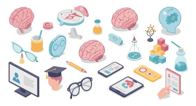 Isometric learning and research icons featuring brain, technology, and education elements vector