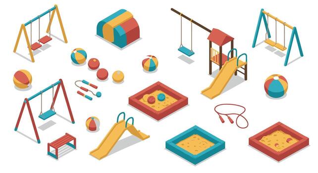 Isometric playground equipment set featuring swings, slides, sandboxes, and play balls vector