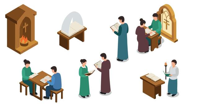 Isometric medieval monks reading and writing activities in monastery setting vector