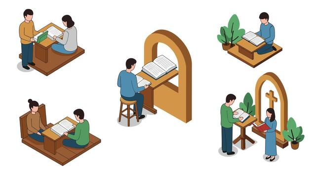Isometric study and reading spaces cozy home study corners and book lovers in minimalist settings vector