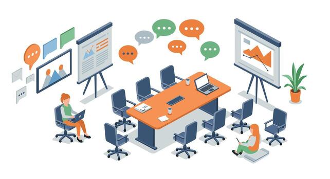 Isometric office meeting setup with presentation and empty chairs vector
