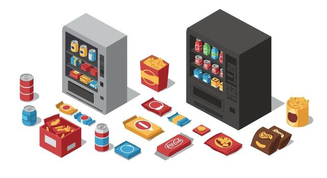 Isometric vending machines with snacks and drinks in modern design vector