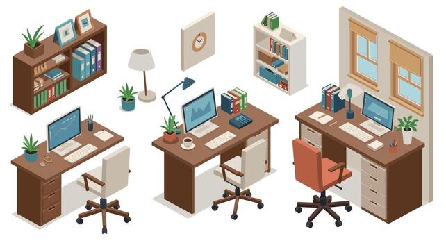 Modern office workspace in isometric style with desks, computers, and bookshelves vector