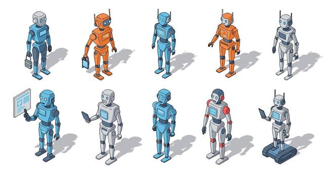 Diverse humanoid robots in isometric style with futuristic technology features vector