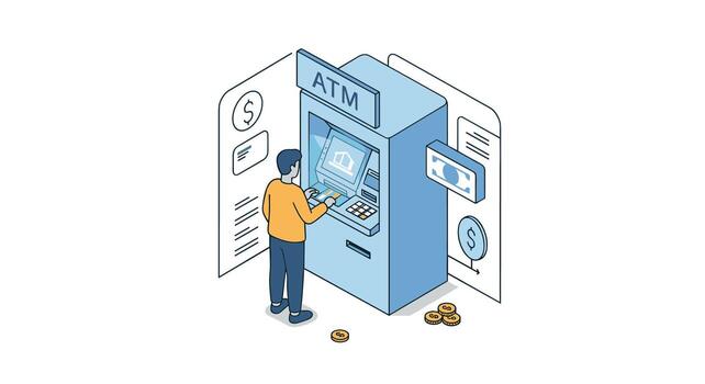 Isometric atm with user interaction and financial icons vector