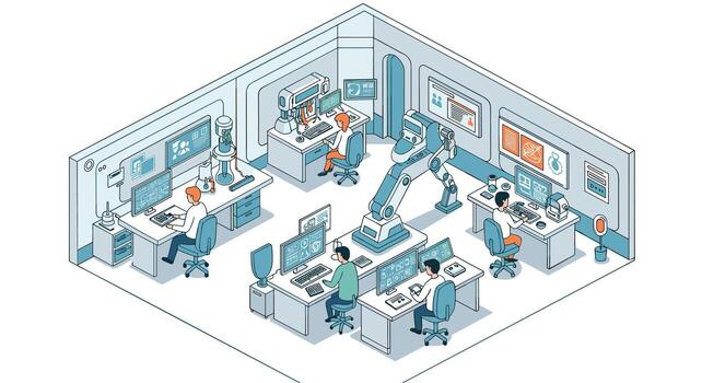 futurista oficina espacio de trabajo con robótica y ai en isométrica diseño vector