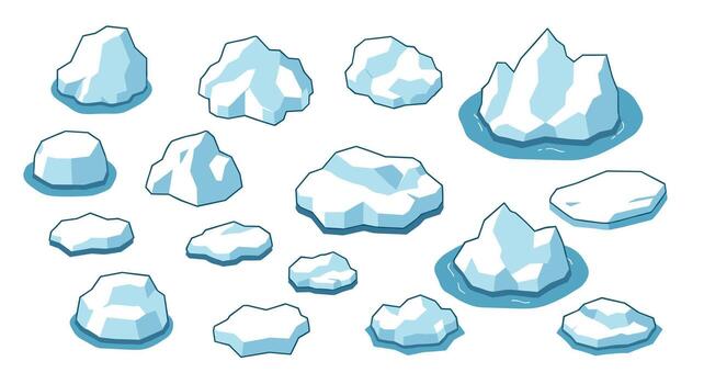 Cartoon iceberg collection various floating ice shapes in flat style vector