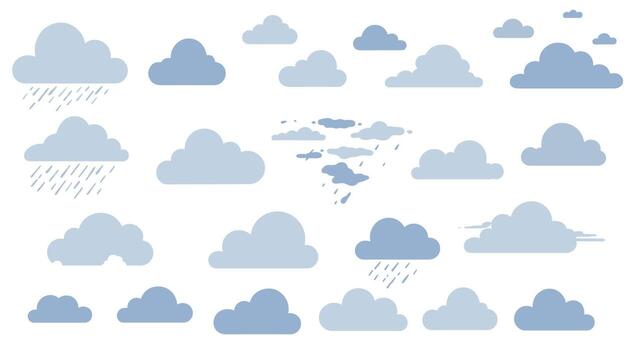 Flat style collection of blue cloud variations with rain elements vector