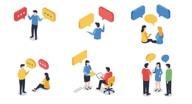 Isometric people engaging in conversations with speech bubbles in various settings vector