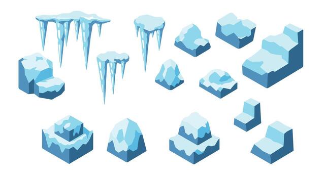 Isometric ice and snow elements set for winter design projects vector