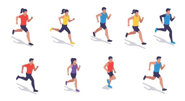 Dynamic running figures set in isometric style with diverse outfits and poses vector